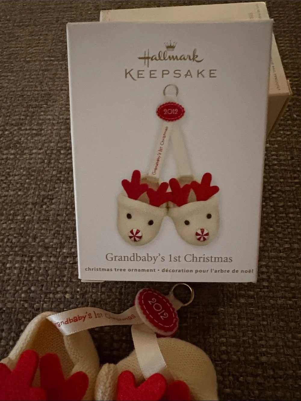 Retired 2012 Hallmark Cream Baby Reindeer Slip-On Shoes Ornament Grandbaby 1st